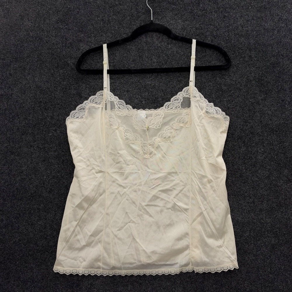 Vintage Mel-Lin Ivory Lace Trim Nylon Camisole Top XL Rosette Detail